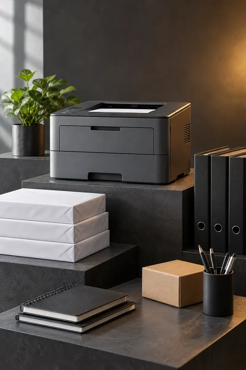 Impressora, papel, pastas e materiais de escritório em composição ilustrativa