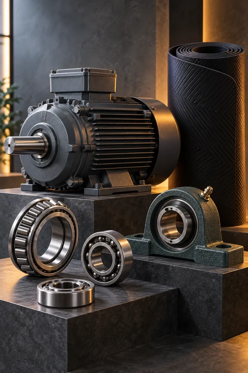 Motor elétrico, rolamentos, mancal e correia em composição industrial ilustrativa
