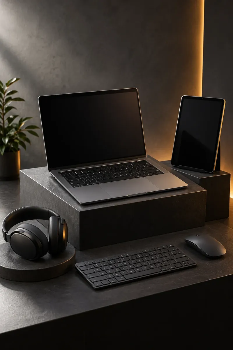 Notebook, tablet, teclado, mouse e fone em composição ilustrativa de tecnologia